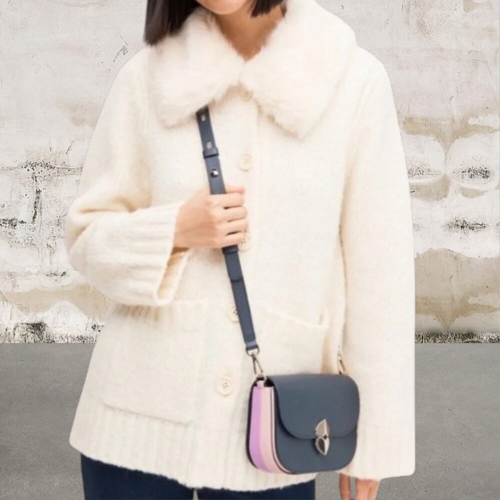 KATE SPADE $248 Navy Purple Pink Leather Colorblock Luna Saddlebag